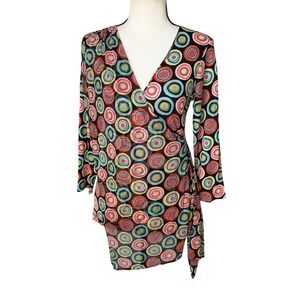 Lynn Ritchie Silk Cotton Long Sleeve Colorful Circle Print Faux Wrap Blouse Y2K‎